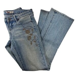 Vintage y2k l.e.i. Size 9 light wash flare jeans dusty look embroidery crystals